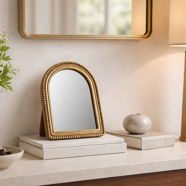 Table Top Mirror - Gold Glass Glam Beaded Arch Framed, 8 in.