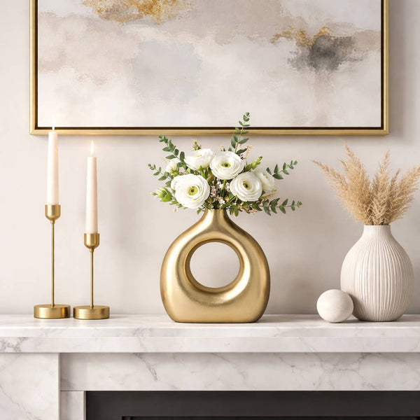 Decorative Vase - Gold Metal Synthetic Open Cut-Out, 10 in.