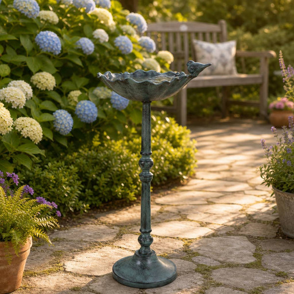 27x13" Bird On Flower Bird Bath Patina Finish, Mul