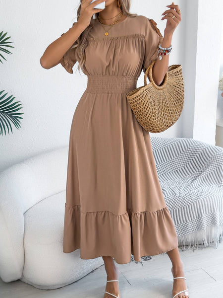 Smocked Waist Ruffle Sleeve Midi Dress: Black / S