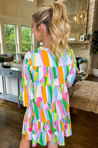 Green Abstract Print Ruffled Sleeve V Neck Dress: Green / 100%Polyester / M