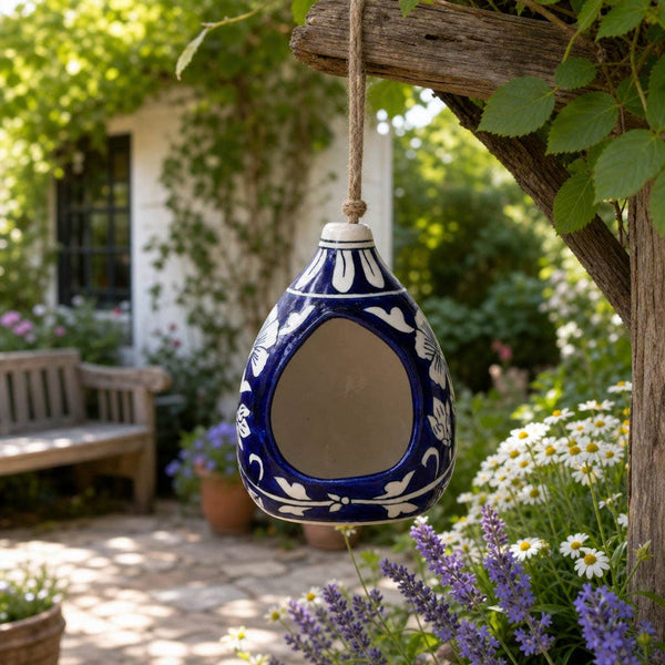 Bird Feeder - Blue/White Ceramic Teardrop Shape House, 12 in