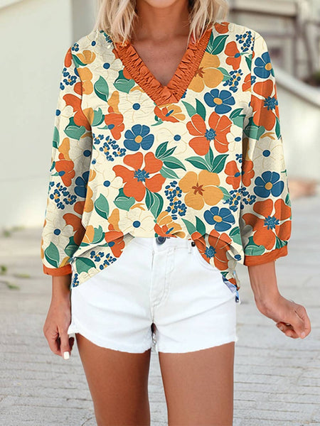 Frilled V Neck Floral Print Bracelet Sleeve Blouse: Orange