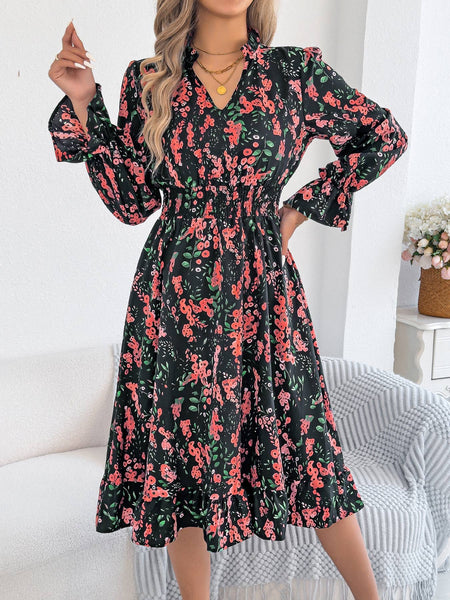 Floral Print Smocked Waist Long Sleeve Midi Dress: Green / L