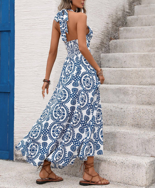 Sleeveless Halter Maxi Dress with Deep V Neck Printed Patter: Blue / M