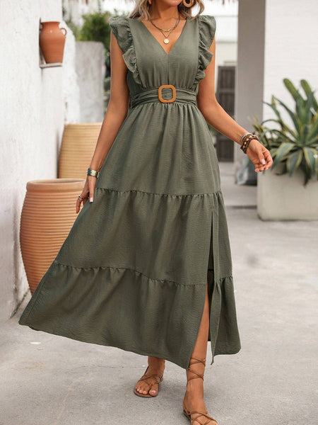Olive Ruffle Sleeve Faux Belt Tiered Maxi Dress: Medium