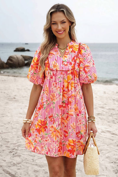 Striped Floral Print Tie Neck Puff Sleeve Loose Mini Dress: Pink / L