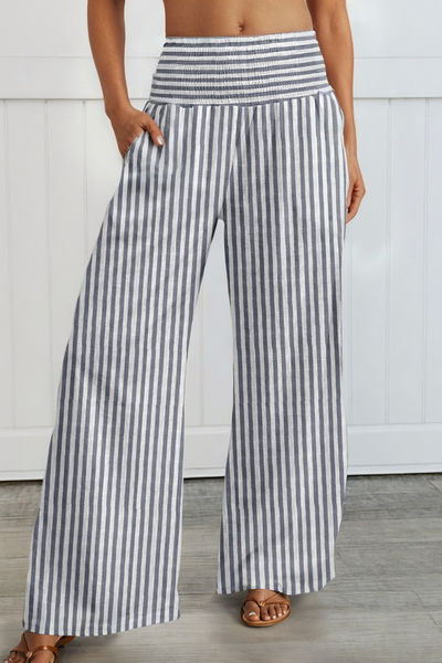 BLUE STRIPE Shirred High Waist Loose Summer Pants-Sky Blue / M