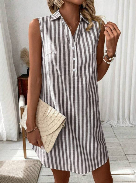 Sleeveless V Neck Button Down Striped Shirt Dress: Claret / S
