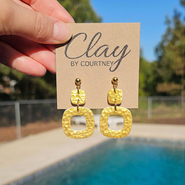 Geometric Polymer Clay Gold Hammered Square Dangle