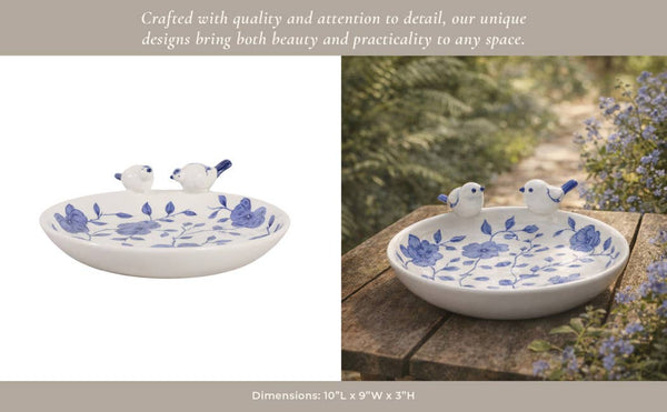 10x9" Floral Cinoiserie Bird Bath, Blue/white