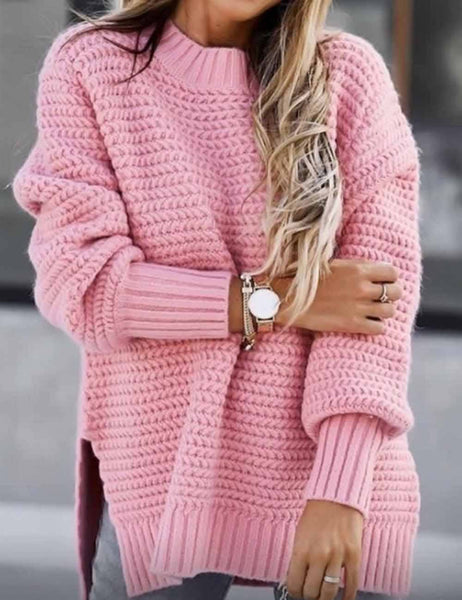Ladies Solid Color Pullover Side Split Long Sleeves Sweater: Red / S
