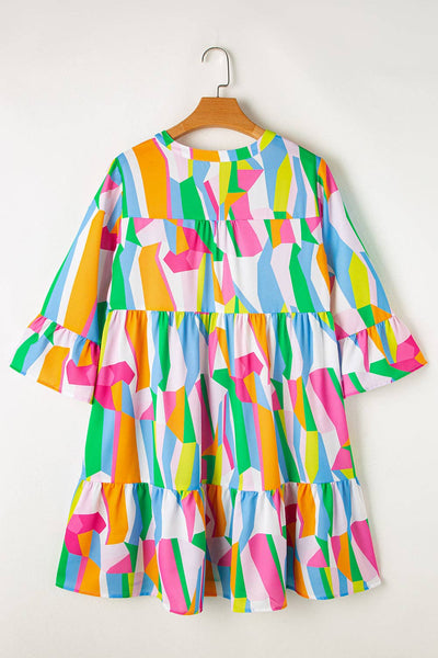 Green Abstract Print Ruffled Sleeve V Neck Dress: Green / 100%Polyester / XL