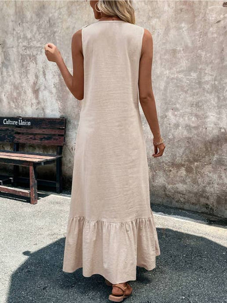 Solid-colored cotton V-neck loose wide-hem dress: DARKBLUE / (L) 1