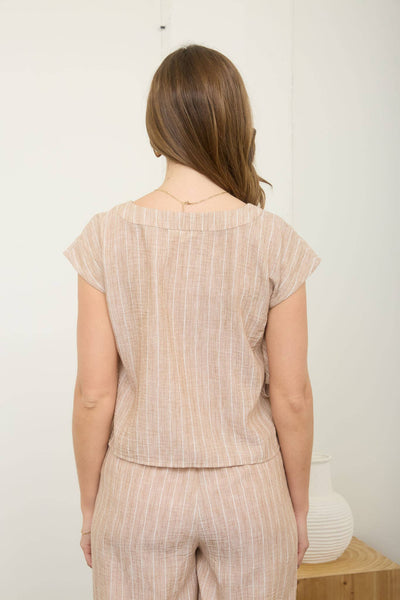 STRIPE LINEN SIDE TIE DETAIL SHORT SLEEVE TOP : NAVY