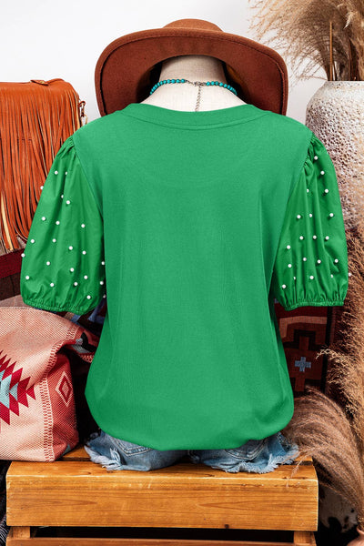 Fashion St. Patrick's Ribbed Pearl Beaded Puff Sleeve Top: Green / Missy / XL