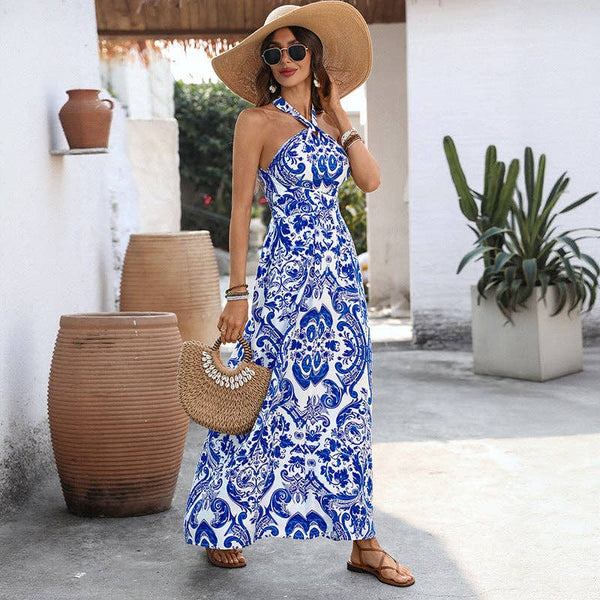Blue Floral Halter Neck Maxi Dress Boho Vacation Style: Blue / 80%Viscose+20%Polyamide / M
