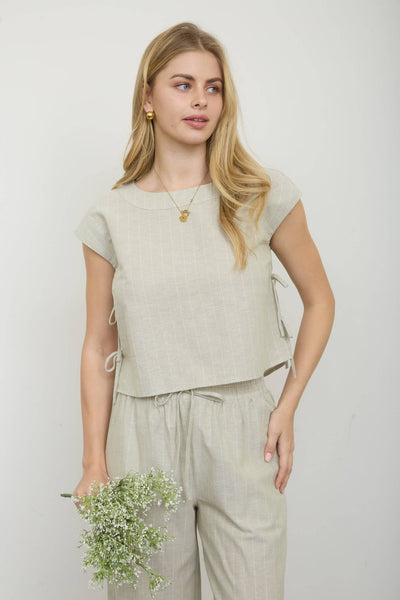 STRIPE LINEN SIDE TIE DETAIL SHORT SLEEVE TOP : NAVY