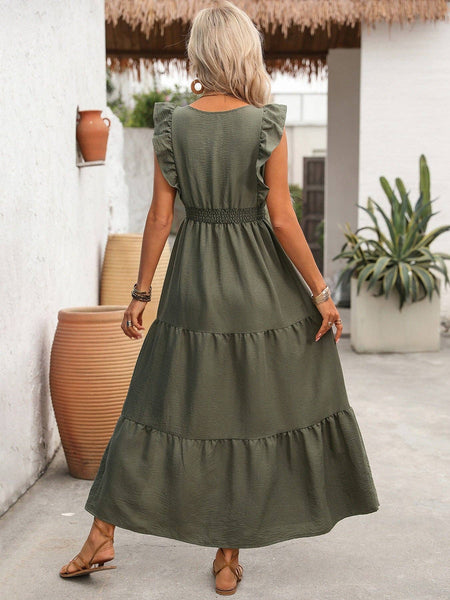 Olive Ruffle Sleeve Faux Belt Tiered Maxi Dress: Medium