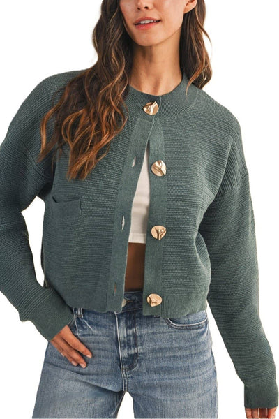 Ribbed Textured Sculpted Button Cropped Cardigan: TEAL / 2-2-2-2(S-M-L-XL)