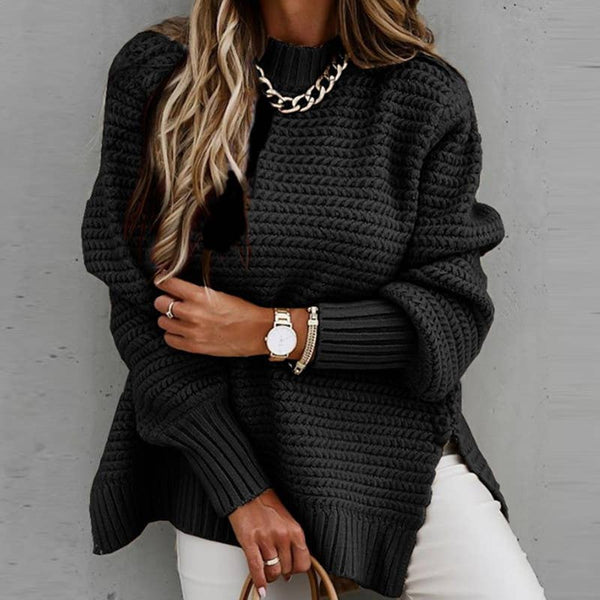Chunky knit side split  plain knit sweater jumper: Beige / M