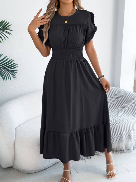 Smocked Waist Ruffle Sleeve Midi Dress: Black / XL