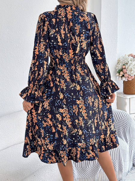 Floral Print Smocked Waist Long Sleeve Midi Dress: Green / XL