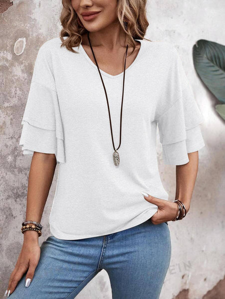 Womens Flutter Sleeve V Neck Summer Casual Blouse Top: Brown / 65%Rayon + 35%Polyester / M