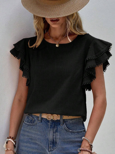 Casual Crew Neck Ruffle Batwing Short Sleeve Top: Khaki / L