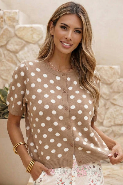 Polka Dot Short Sleeve Button Down Sweater Cardigan: Dark Khaki