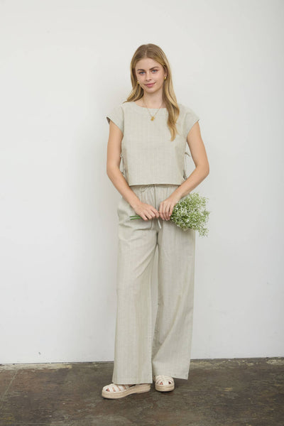 STRIPE LINEN SIDE TIE DETAIL SHORT SLEEVE TOP : NAVY