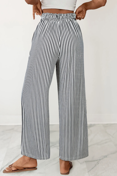 Black/White Stripe Drawstring Knot Wide-Leg Shift Pants |M