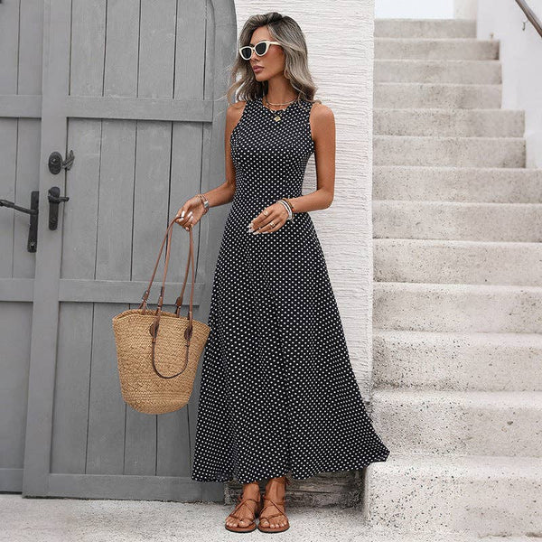 Women Tie Backless Polka Dot Sleeveless Summer Maxi Dress: Black / M