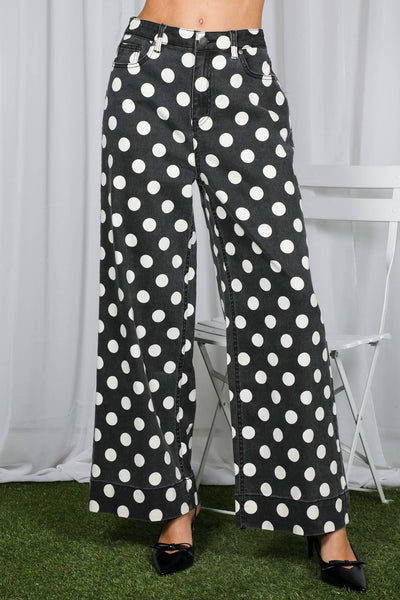 Polka Dot Straight Leg Cotton Denim Span Pants VP83369B: Brown / M