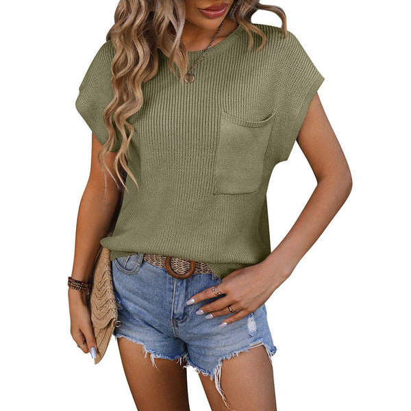 Women Crew Neck Short Sleeve Knit Top with Pocket: Green / 30% Nylon +70% Acrylic / L
