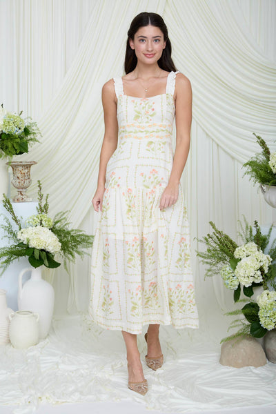 FLORAL DROP WAIST SLEEVELESS MIDI DRESS: CREAM MULTI