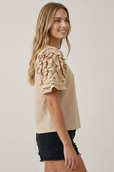 DIAMONT TEXTURED RUFFLE PUFF SLEEVE TOP - 46027T-1: COFFEE / Contemporary / S