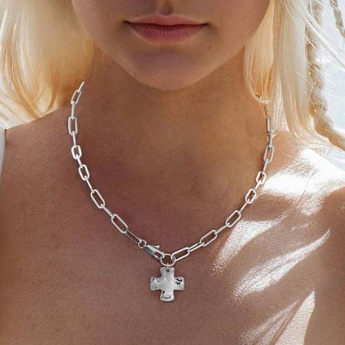 Silver Necklace NOTABLE HAMMERED CROSS FRONT TOGGLE