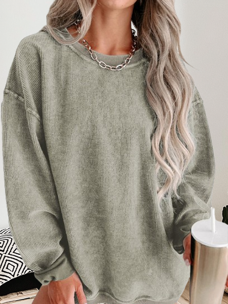 Round Neck Solid Ribbed Knit Pullover Sweatshirt: Khaki / 100%Polyester / L