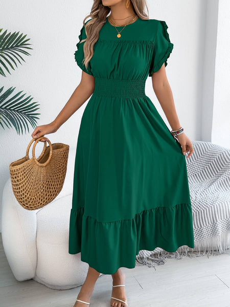 Smocked Waist Ruffle Sleeve Midi Dress: Black / S