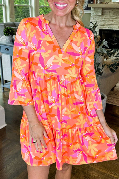 Green Abstract Print Ruffled Sleeve V Neck Dress: Green / 100%Polyester / M