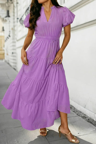 Solid V Neck Short Puff Sleeve Tiered Maxi Dress | S-XL: Bright Green / M