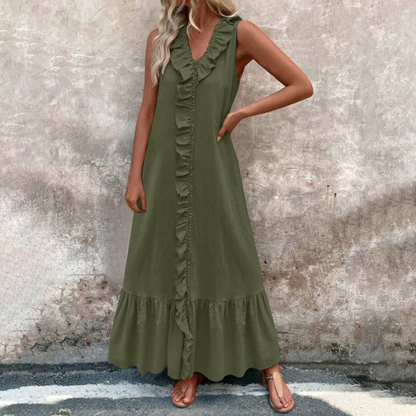 Solid-colored cotton V-neck loose wide-hem dress: DARKBLUE / (XL) 1