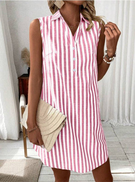 Sleeveless V Neck Button Down Striped Shirt Dress: Claret / S