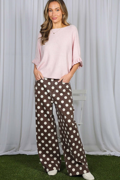 Polka Dot Straight Leg Cotton Denim Span Pants VP83369B: Brown / L