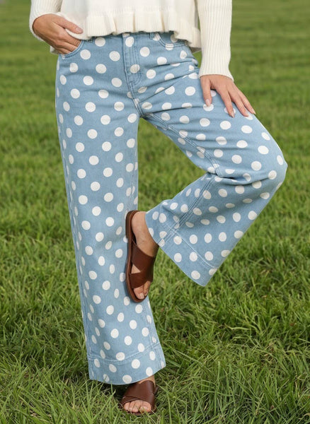 Polka Dot Straight Leg Cotton Denim Span Pants VP83369B: Brown / M