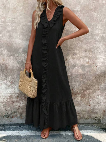 Solid-colored cotton V-neck loose wide-hem dress: DARKBLUE / (L) 1