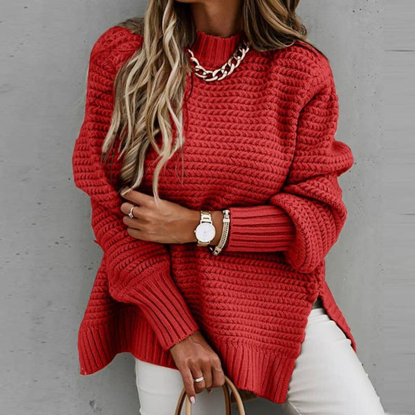 Chunky knit side split  plain knit sweater jumper: Beige / M