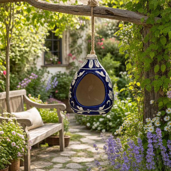 Bird Feeder - Blue/White Ceramic Teardrop Shape House, 12 in