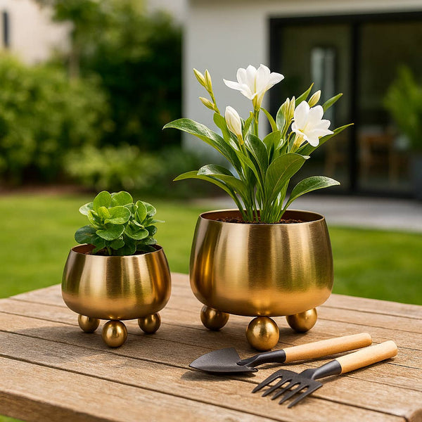 Plant Pot Set of 2 - Gold Metal Round with Ball Feet, 9/11in